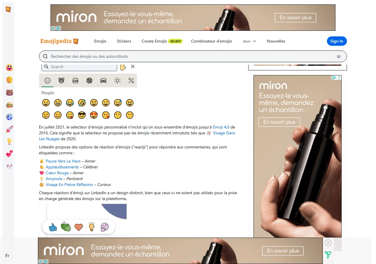Capture d'écran d'une liste d'emojis LinkedIn à copier-coller sur Emojipedia