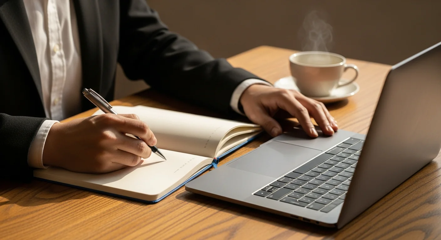 Un salarié prépare son entretien annuel avec ses documents et ses bilans