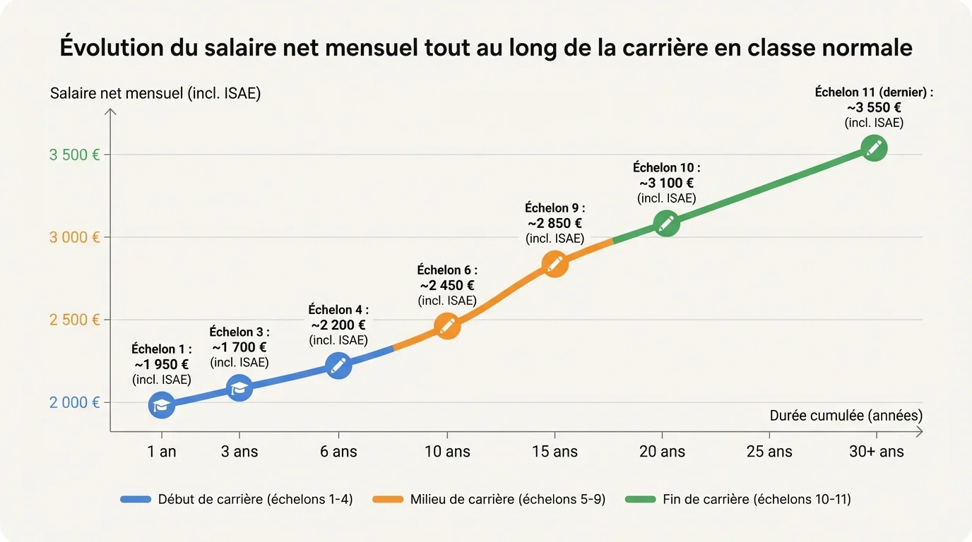 Évolution du salaire net mensuel tout au long de la carrière en classe normale