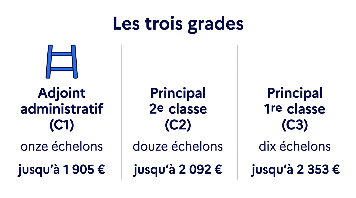 Les trois grades de la carrière d'adjoint administratif : C1, C2, C3 avec échelons et salaires