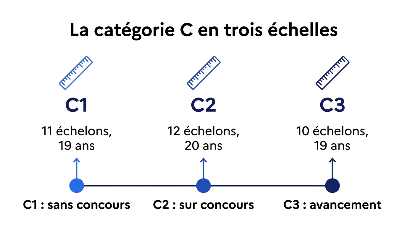 La catégorie C en trois échelles C1, C2, C3 avec nombre d'échelons et durée