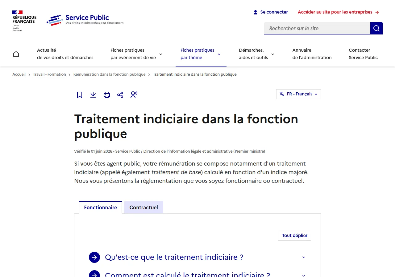 Fiche officielle Traitement indiciaire dans la fonction publique sur service-public.fr