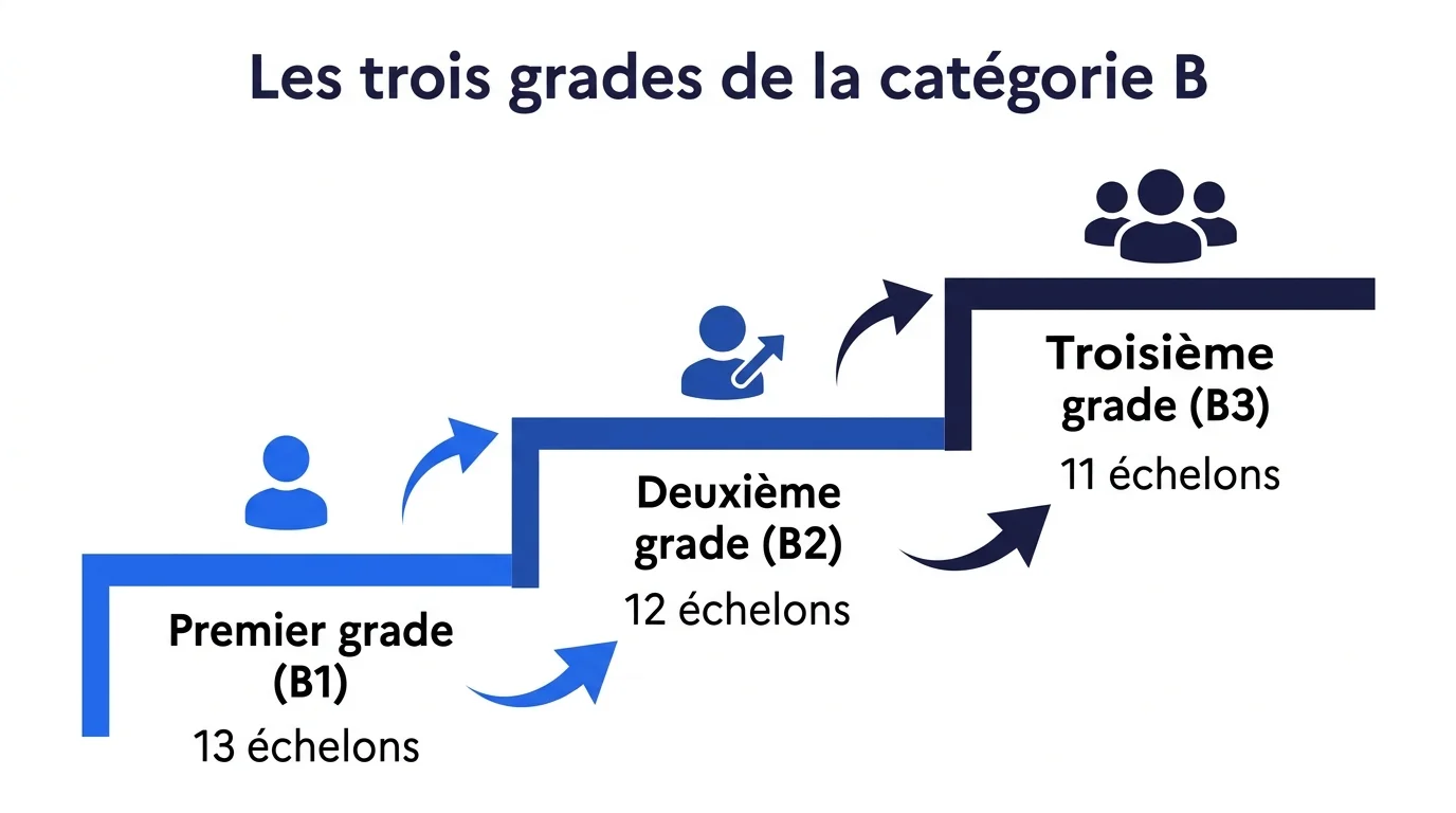 Les trois grades de la catégorie B : B1 (13 échelons), B2 (12 échelons), B3 (11 échelons)