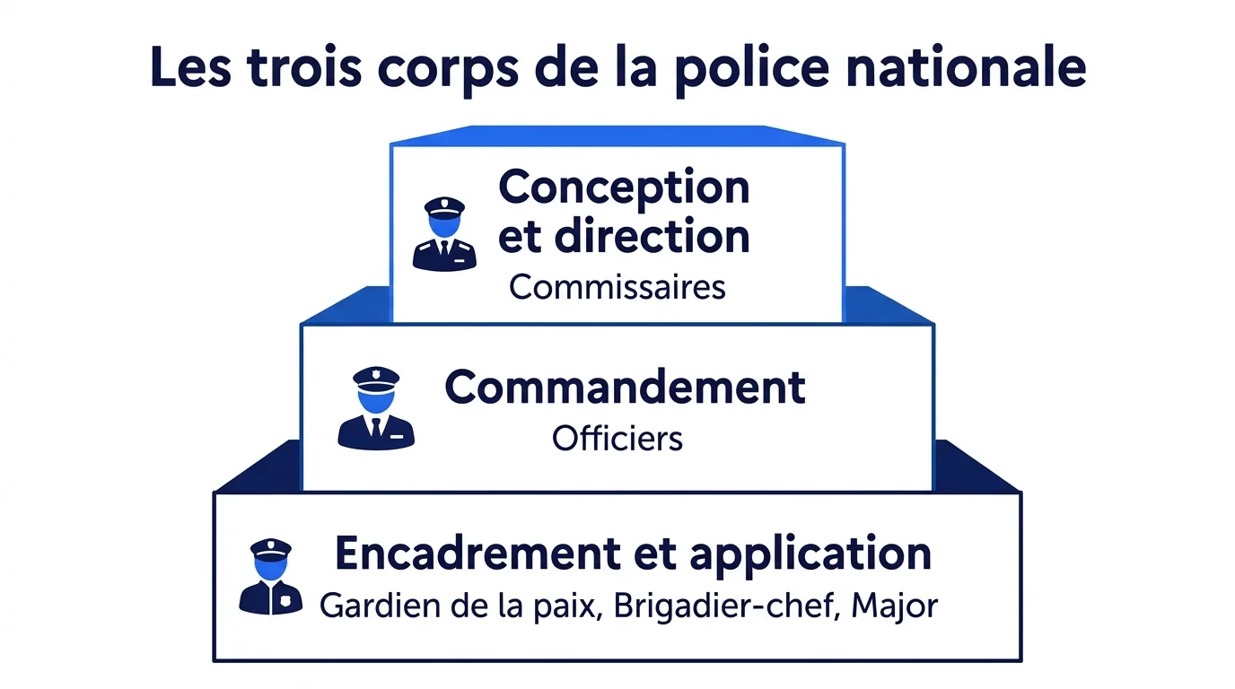 Les trois corps hiérarchiques de la police nationale : encadrement et application, commandement, conception et direction