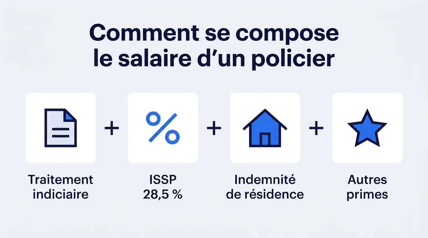 Composition du salaire d'un policier : traitement indiciaire, ISSP 28,5 %, indemnité de résidence et primes
