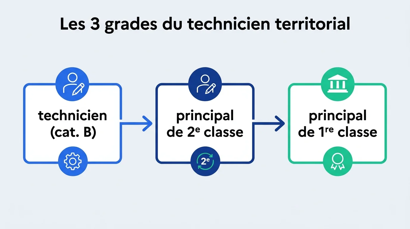 Les 3 grades du technicien territorial : technicien, principal de 2e classe, principal de 1re classe