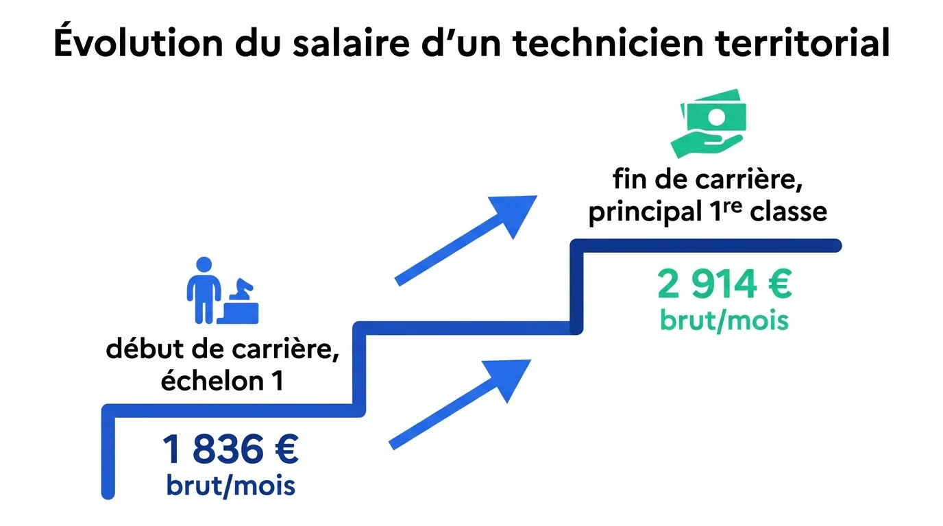 Évolution du salaire d'un technicien territorial, de 1 836 € à 2 914 € brut par mois