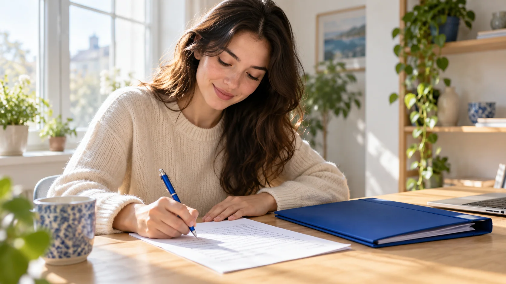 Jeune femme rédigeant à la main une lettre de motivation, dossier de candidature posé à côté