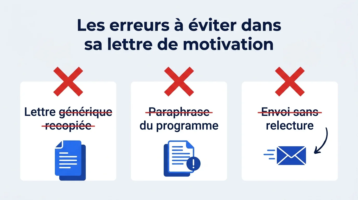 Les trois erreurs à éviter dans sa lettre de motivation Parcoursup : lettre générique, paraphrase du programme, envoi sans relecture