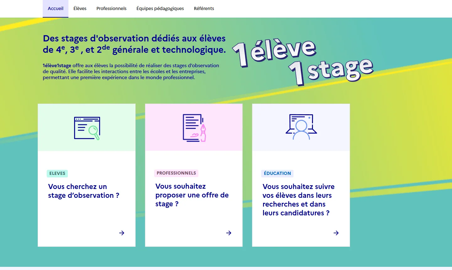 Plateforme officielle 1élève1stage du ministère de l'Éducation nationale pour les stages d'observation
