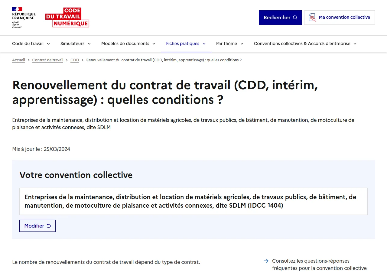 Outil officiel du Code du travail numérique pour vérifier les règles de renouvellement selon sa convention collective