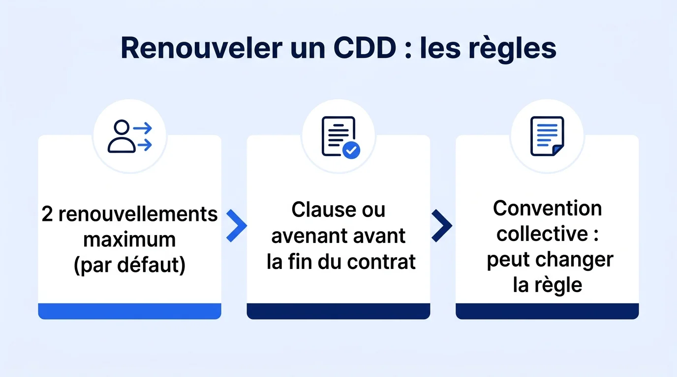 Infographie des règles de renouvellement d'un CDD : nombre maximum, clause et convention collective