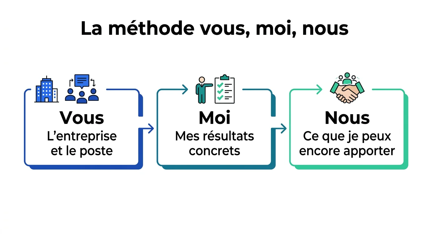 Infographie de la méthode vous, moi, nous pour une lettre de motivation de renouvellement