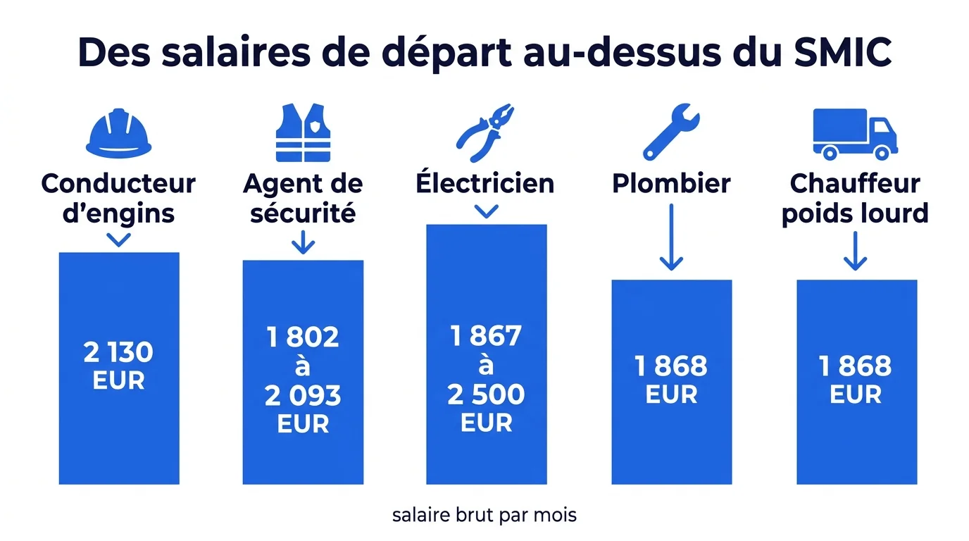 Salaires de départ bruts de cinq métiers accessibles sans diplôme : conducteur d'engins 2 130 EUR, agent de sécurité 1 802 à 2 093 EUR, électricien 1 867 à 2 500 EUR, plombier 1 868 EUR, chauffeur poids lourd 1 868 EUR