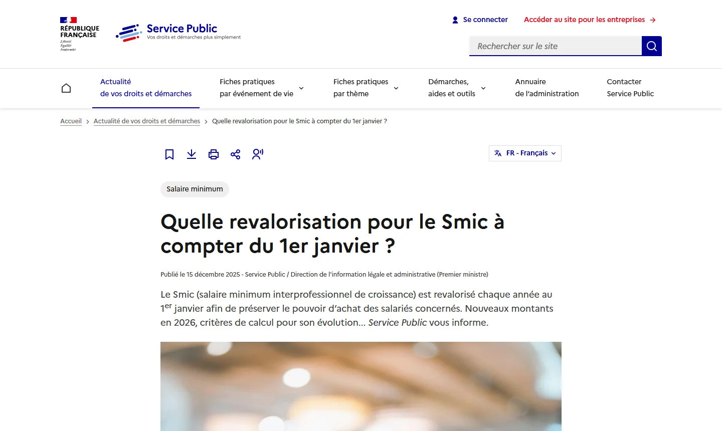 Page officielle service-public.fr sur la revalorisation du SMIC en 2026