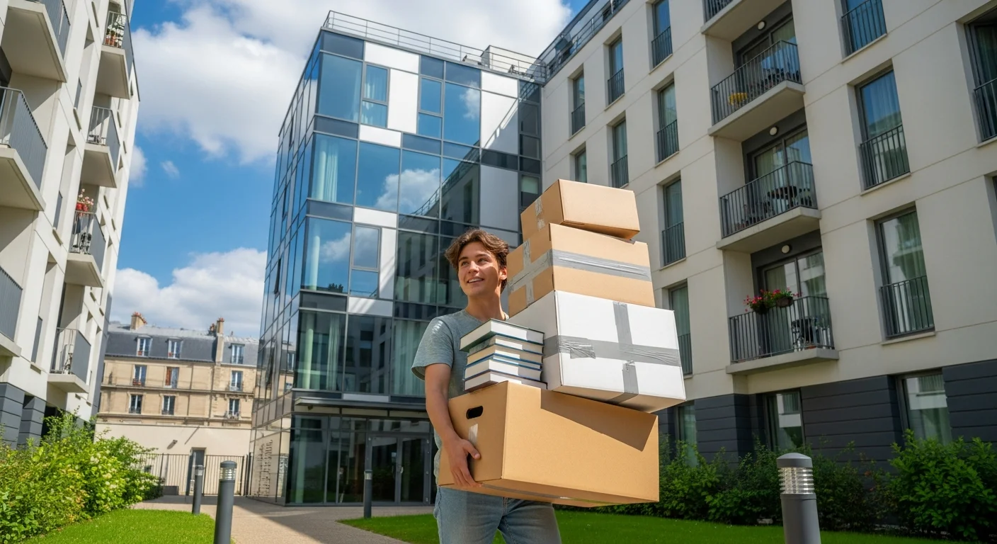 Étudiant emménageant dans une résidence étudiante avec des cartons de déménagement