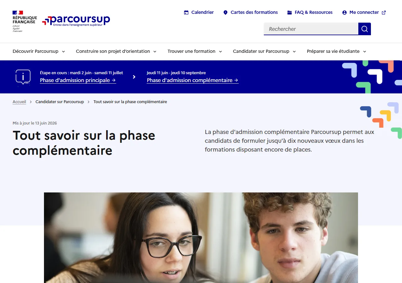 Page officielle Tout savoir sur la phase complémentaire sur parcoursup.gouv.fr