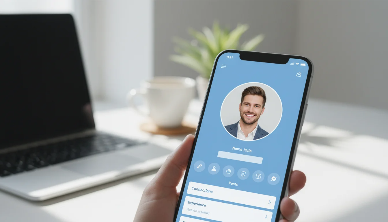 Profil LinkedIn affiche sur smartphone avec photo de profil bien cadree