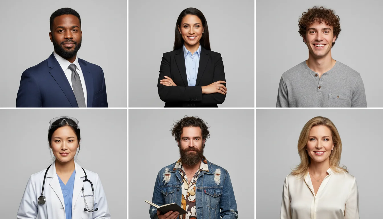 Six portraits professionnels representant differents secteurs activite finance tech sante