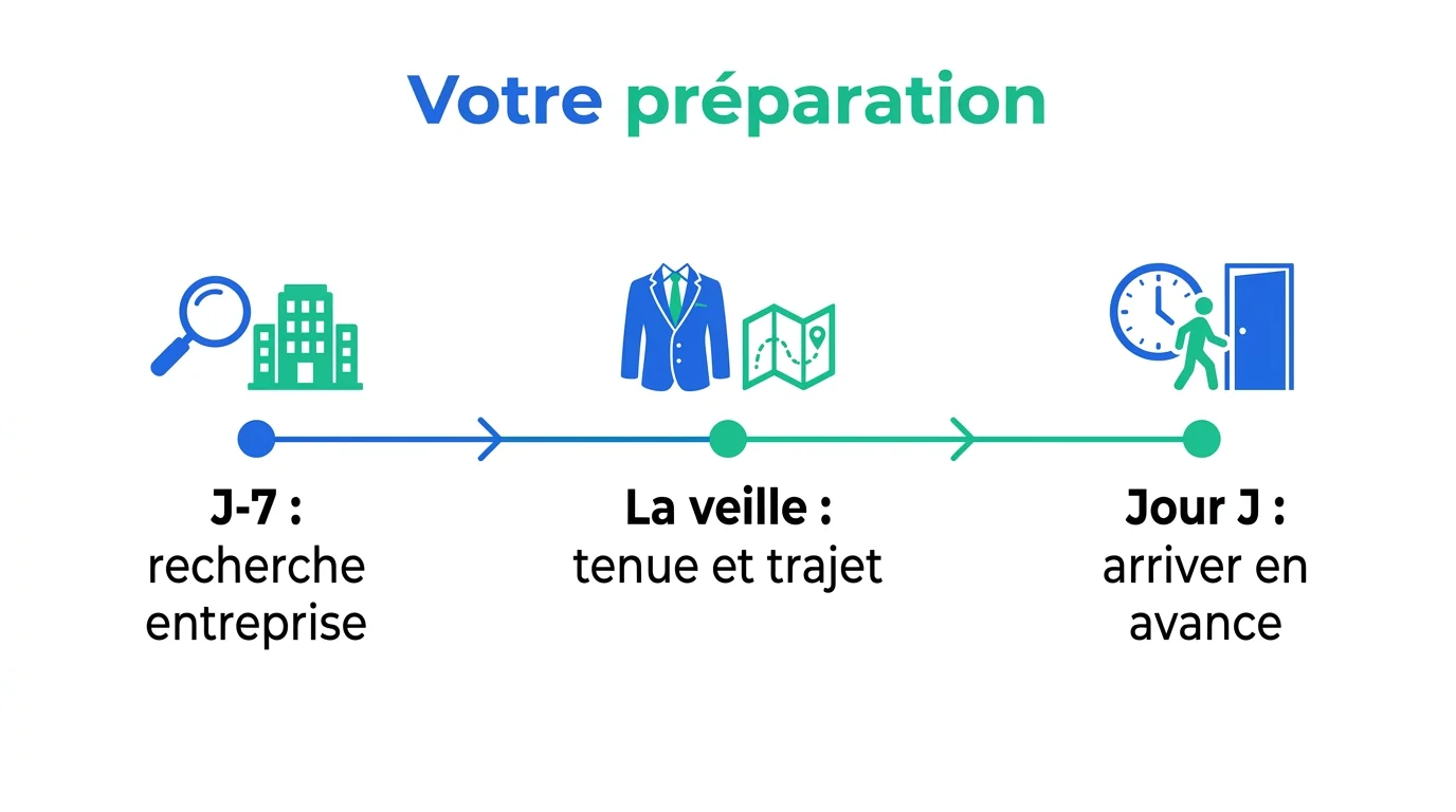 Frise chronologique de préparation à un entretien d'embauche : J-7, la veille, jour J