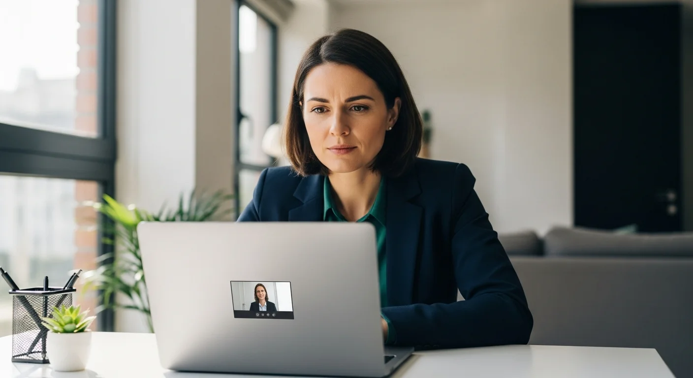 Candidate en entretien d'embauche à distance par visioconférence depuis son domicile