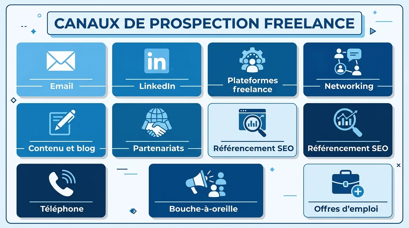 Infographie des 10 canaux de prospection freelance