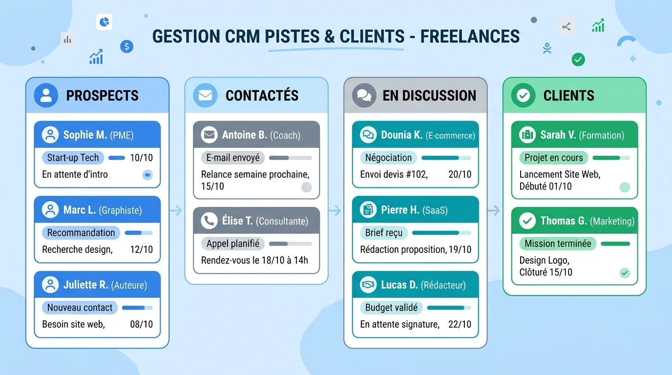 Pipeline CRM simple pour freelance avec quatre colonnes