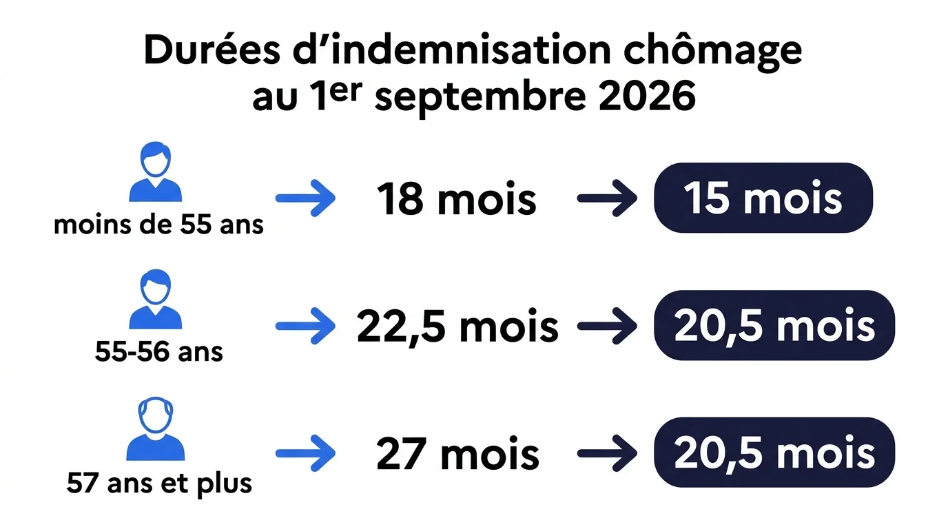 Infographie des nouvelles durées d'indemnisation chômage au 1er septembre 2026 par tranche d'âge