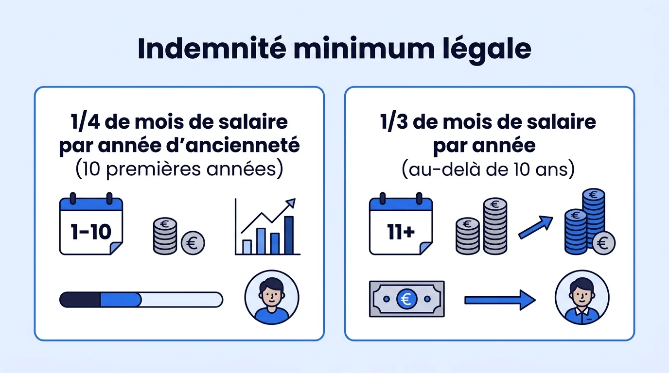 Infographie du calcul de l'indemnité minimum légale : 1/4 puis 1/3 de mois de salaire par année d'ancienneté