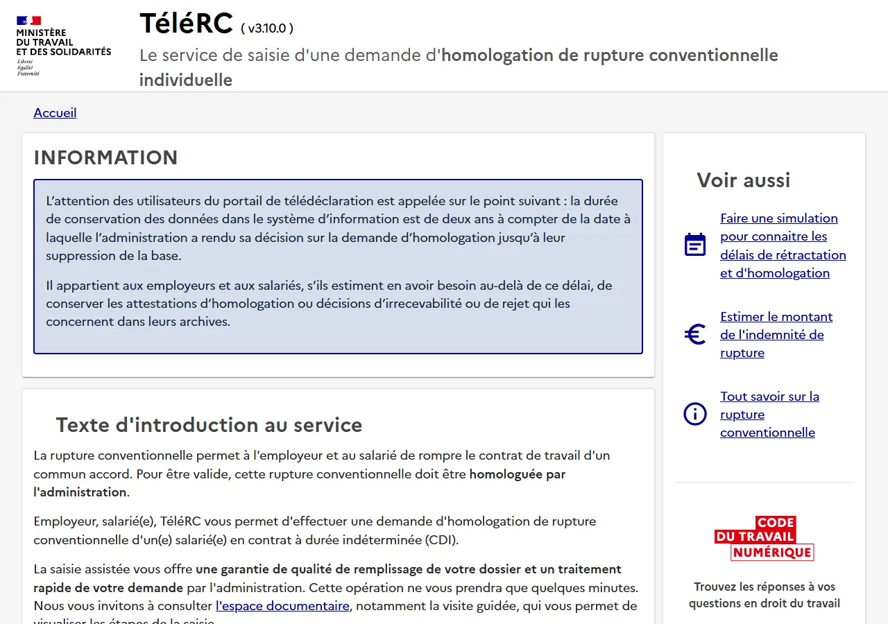 Portail officiel TéléRC de demande d'homologation d'une rupture conventionnelle individuelle