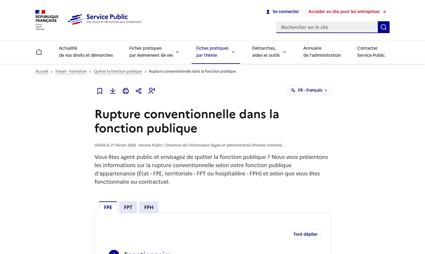 Page officielle de la rupture conventionnelle dans la fonction publique sur service-public.gouv.fr