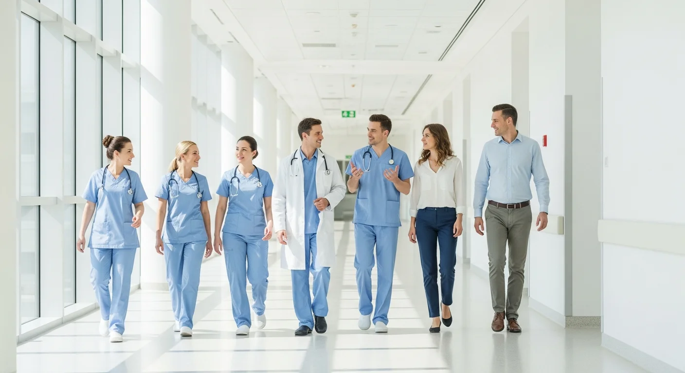 Équipe d'aides-soignants dans un couloir d'hôpital moderne et lumineux