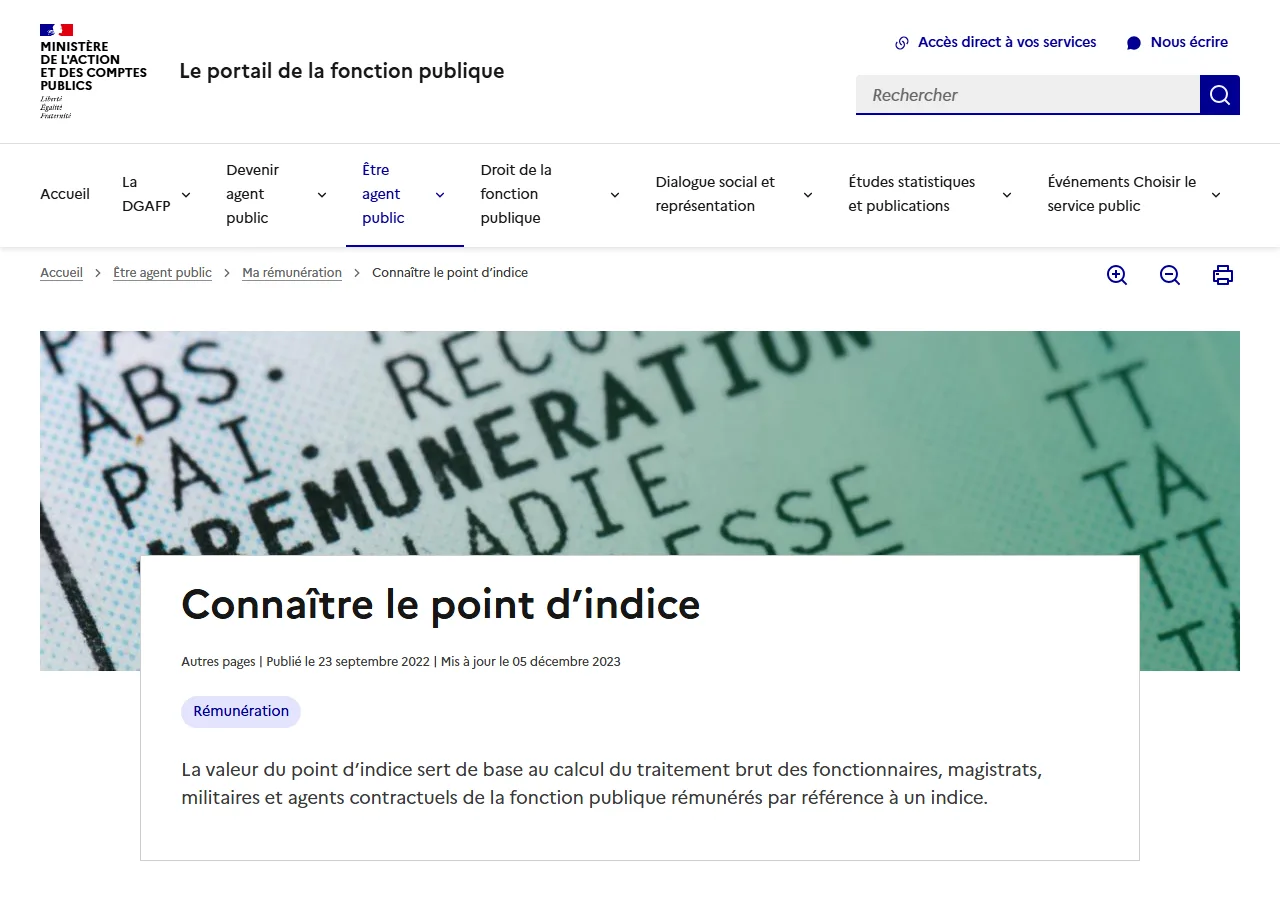 Page officielle Connaître le point d'indice sur le portail de la fonction publique