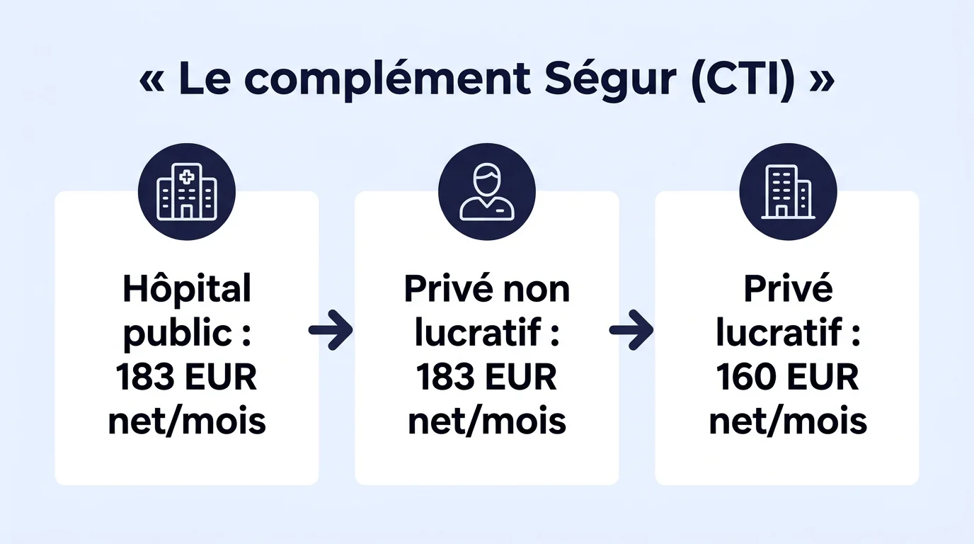 Montant du complément Ségur CTI selon le statut : hôpital public, privé non lucratif, privé lucratif