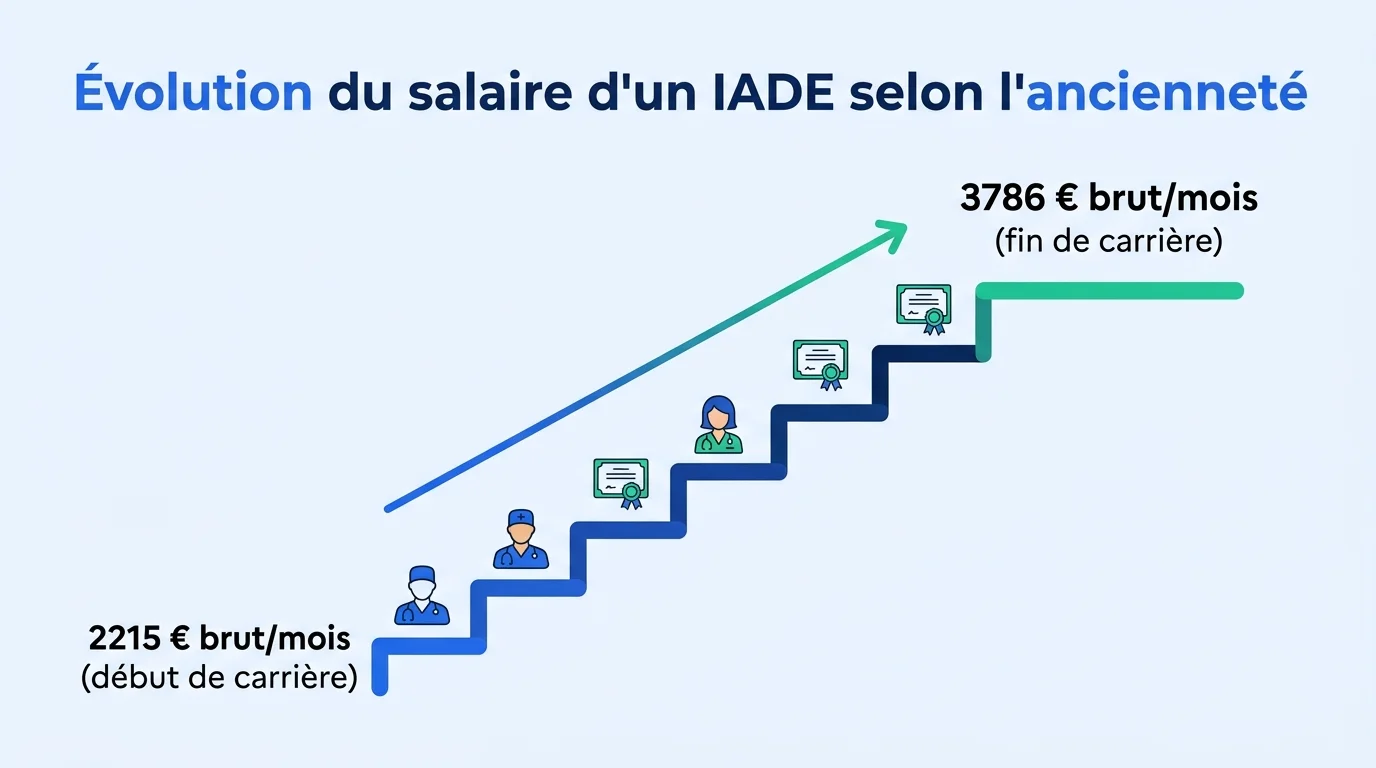 Évolution du salaire d'un IADE selon l'ancienneté, de 2 215 € à 3 786 € brut par mois