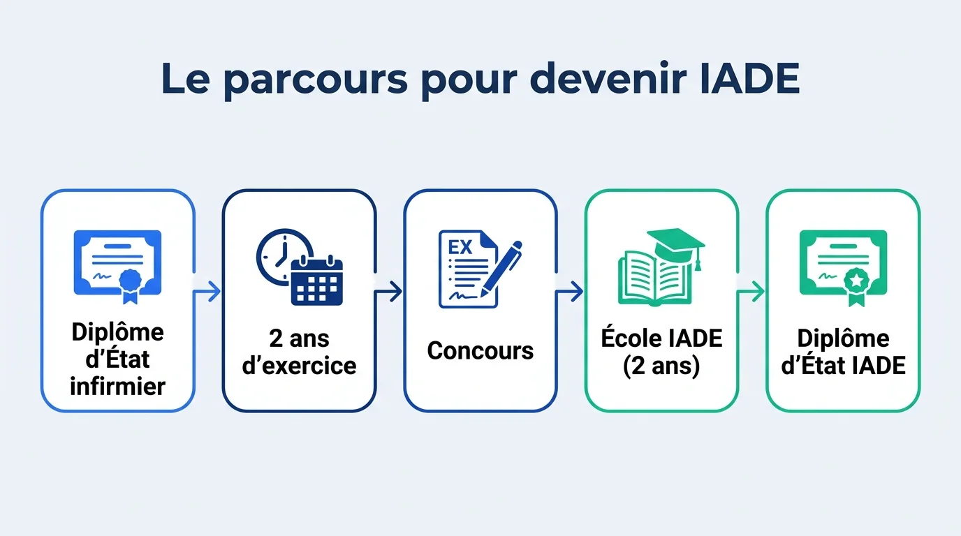 Parcours pour devenir IADE : diplôme d'État d'infirmier, deux ans d'expérience puis concours et école spécialisée
