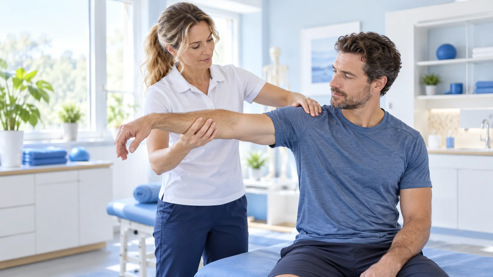 Kinésithérapeute en cabinet libéral pendant une séance de rééducation de l'épaule avec un patient adulte