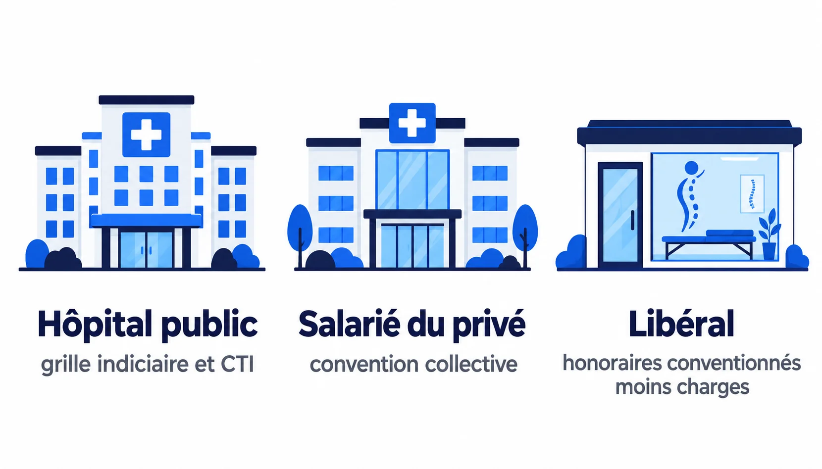 Trois statuts du kinésithérapeute : hôpital public, salarié du privé et libéral