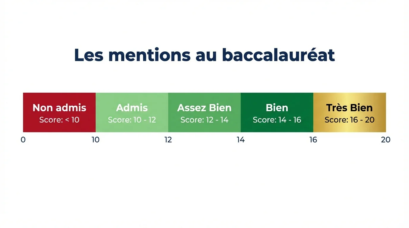 Infographie des seuils de mentions au baccalauréat : Assez Bien (12), Bien (14), Très Bien (16)