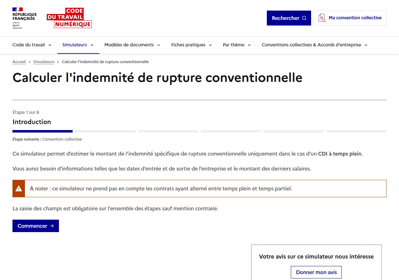 Simulateur officiel de l'indemnité de rupture conventionnelle sur code.travail.gouv.fr