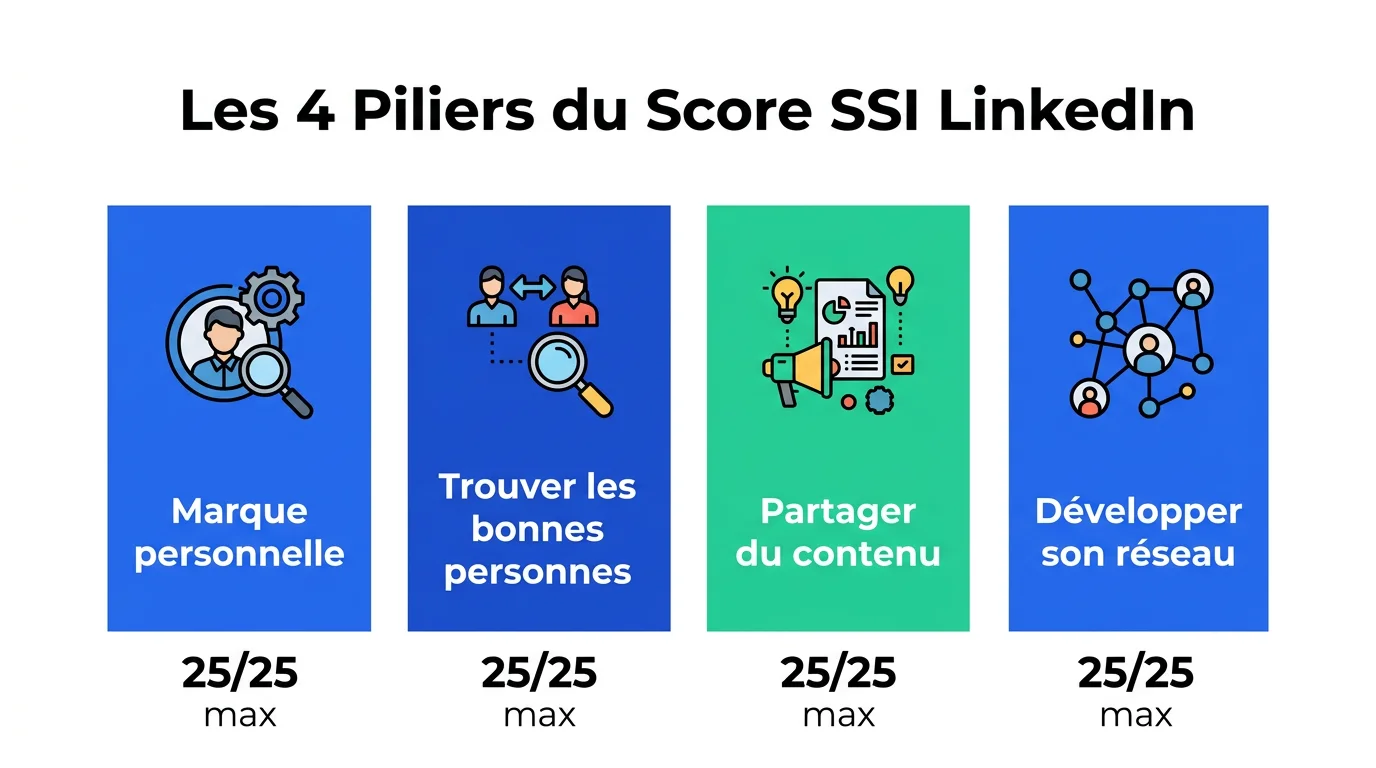 Infographie des 4 piliers du score SSI LinkedIn : marque professionnelle, trouver les bonnes personnes, partager du contenu, développer son réseau