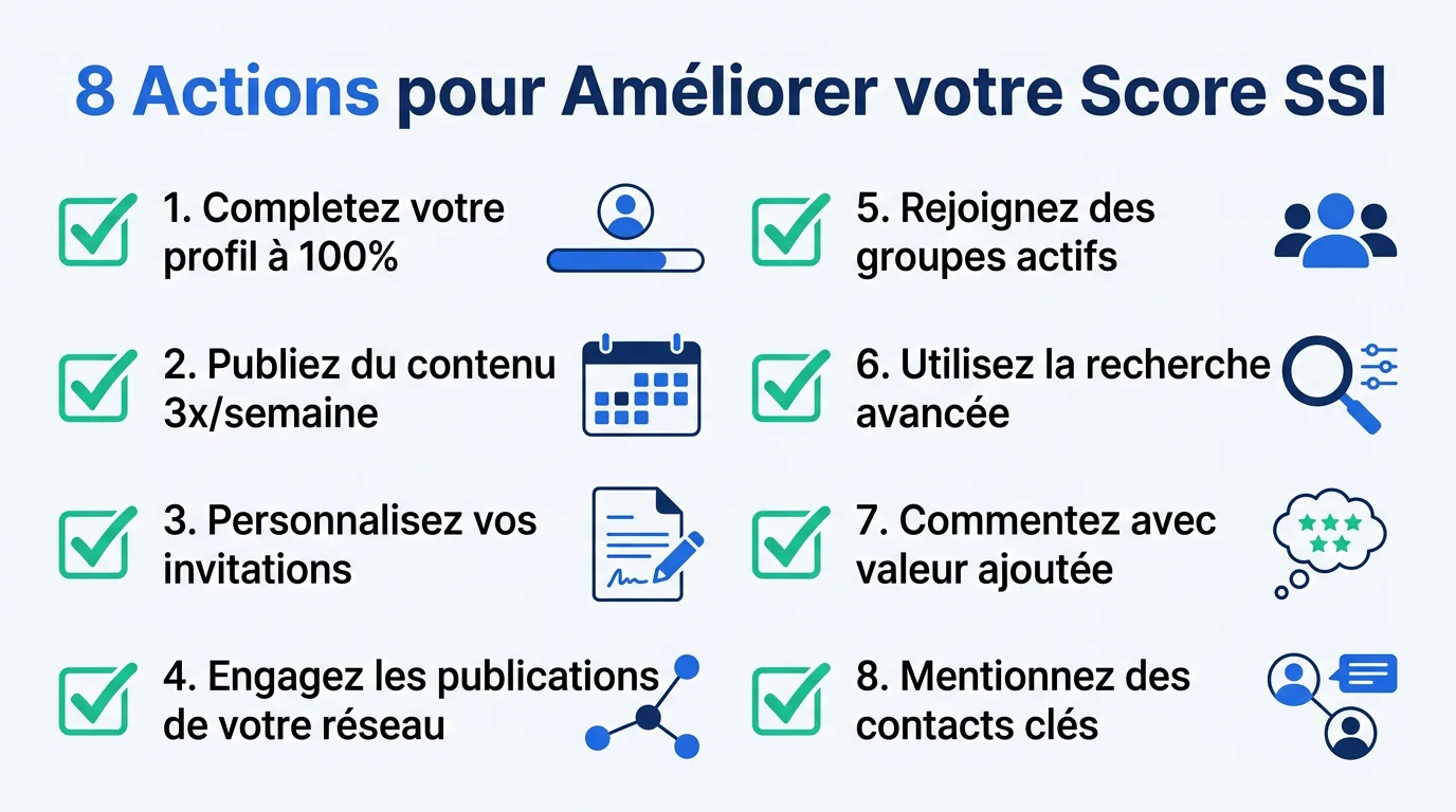 Checklist des 8 actions concrètes pour améliorer son score SSI LinkedIn